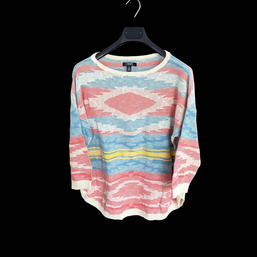 Chaps Womens Southwestern Aztec Knit Sweater Pink Blue Cotton Large Distressed‎